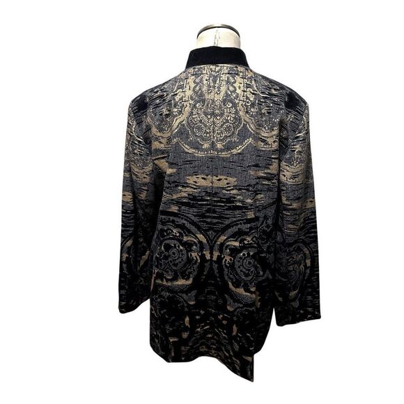 Chico's Size 2 Riding Style Embossed Velvet Blazer Open Jacket Black Tan Large - Picture 2 of 7
